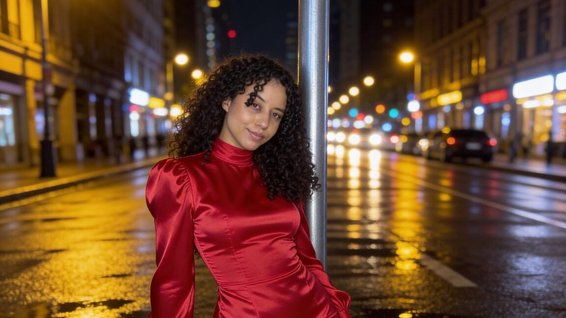 Daisy wearing a red dress on a city street at night.
